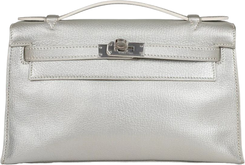 Vintage Hermes Kelly Pochette Silver Metallic Chevre Palladium Hardware