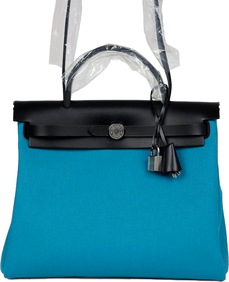 Hermes Herbag Zip PM 31 Blue Jean Toile H and Black Vache Hunter Palladium Hardware