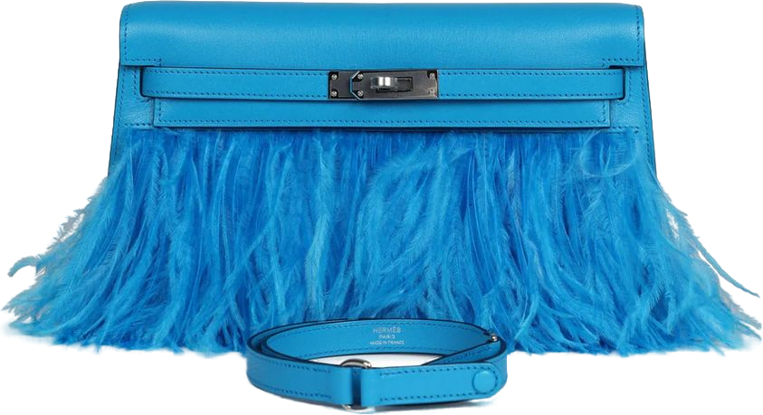 Hermes Kelly Elan Foile Bleu Frida Chevre Chamkila and Ostrich Feathers Palladium Hardware