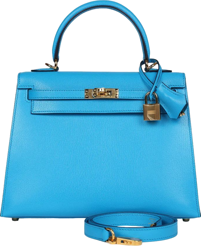 Hermes Kelly Sellier 25 Bleu Frida Chevre Gold Hardware