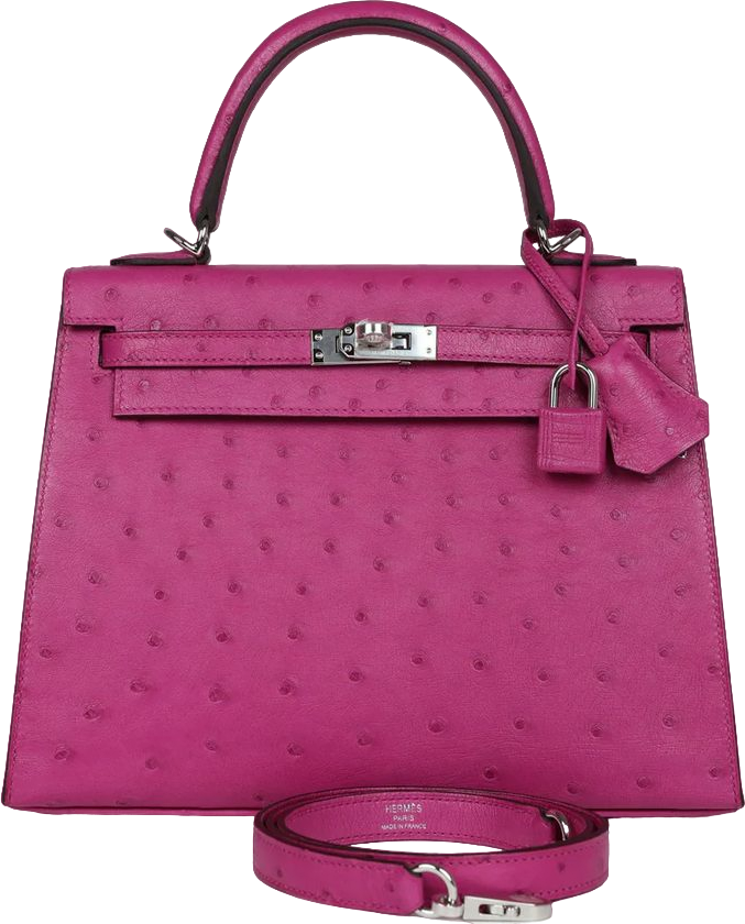 Hermes Kelly Sellier 25 Rose Pourpre Ostrich Palladium Hardware