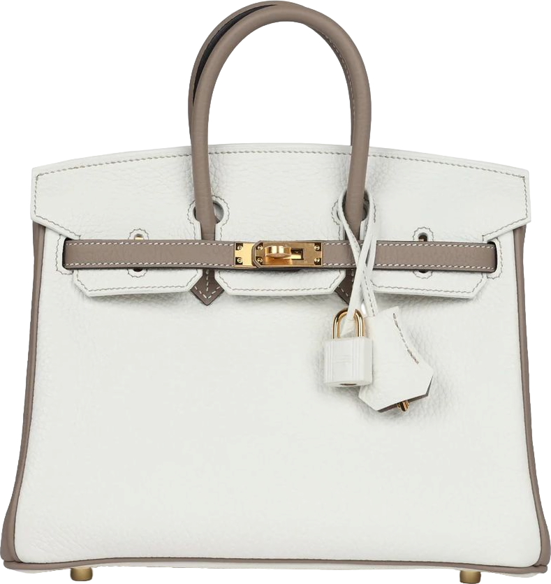 Hermes Special Order (HSS) Birkin 25 White and Gris Tourterelle Clemence Gold Hardware