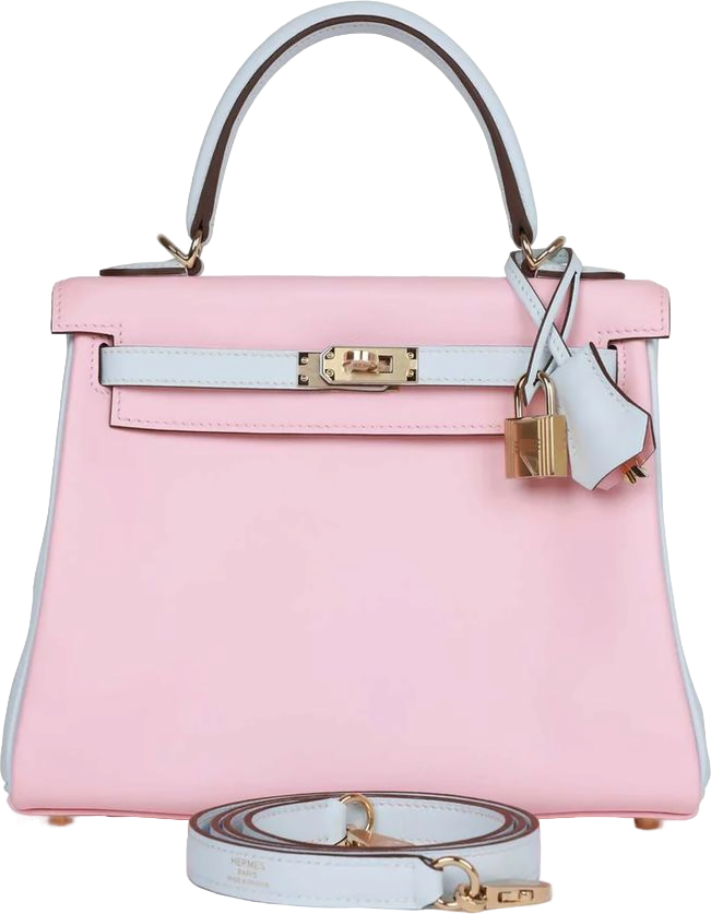 Hermes Special Order (HSS) Kelly Retourne 25 Rose Sakura and Bleu Brume Swift Permabrass Hardware