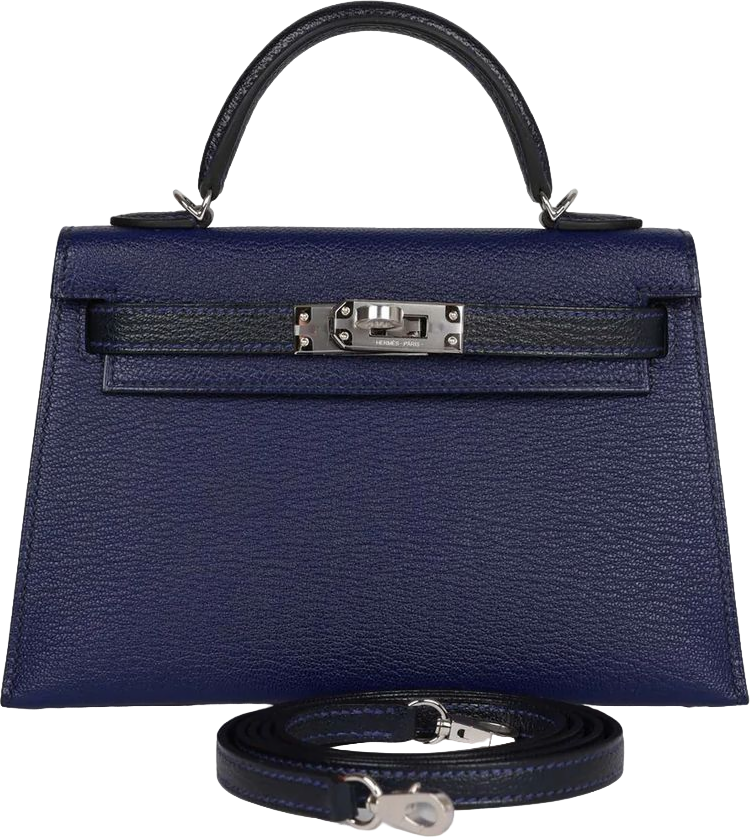 Hermes Special Order (HSS) Kelly Sellier 20 Bleu Encre and Bleu Indigo Chevre Mysore Palladium Hardware