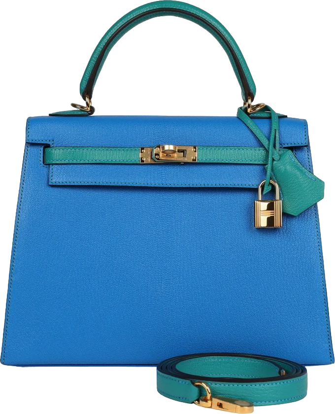 Hermes Special Order (HSS) Kelly Sellier 25 Bleu Hydra and Bleu Paon Chevre Mysore Gold Hardware