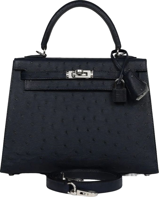 Hermes Special Order (HSS) Kelly Sellier 25 Bleu Indigo Verso Ostrich Palladium Hardware
