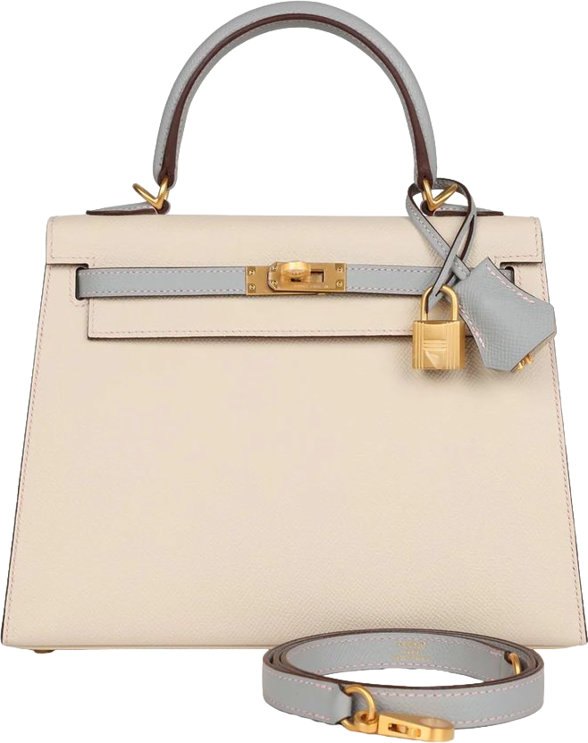 Hermes Special Order (HSS) Kelly Sellier 25 Craie and Bleu Glacier Epsom Brushed Gold Hardware