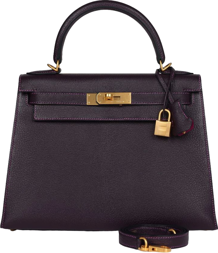 Hermes Special Order (HSS) Kelly Sellier 28 Raisin Verso Chevre Brushed Gold Hardware