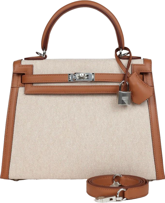 Hermes Kelly Sellier 25 Gold Swift and Ecru Toile Palladium Hardware