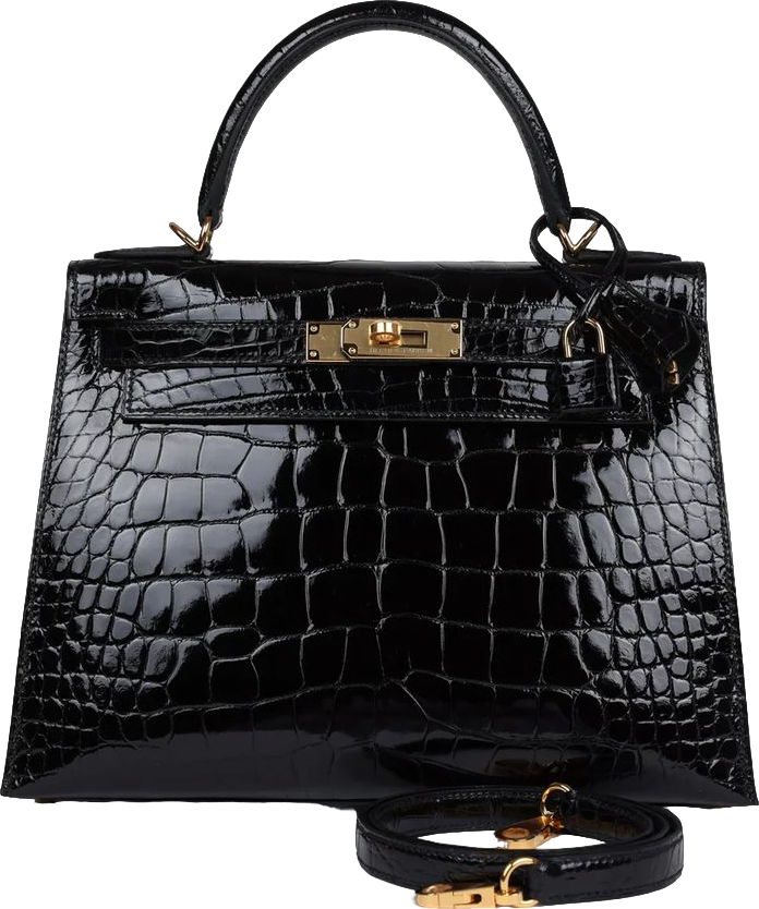 Hermes Kelly Sellier 28 Black Shiny Alligator Gold Hardware
