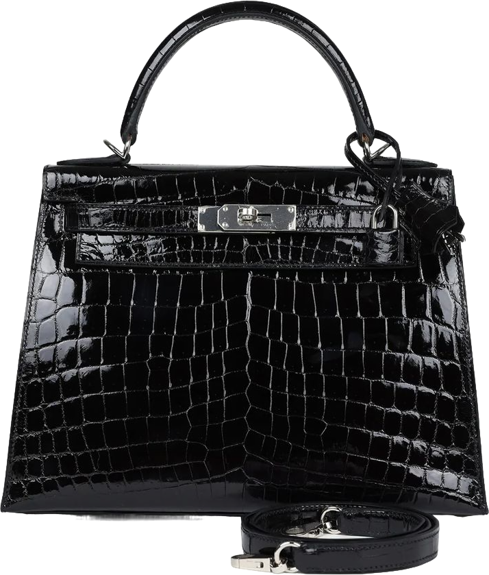Hermes Kelly Sellier 28 Black Shiny Niloticus Crocodile Palladium Hardware