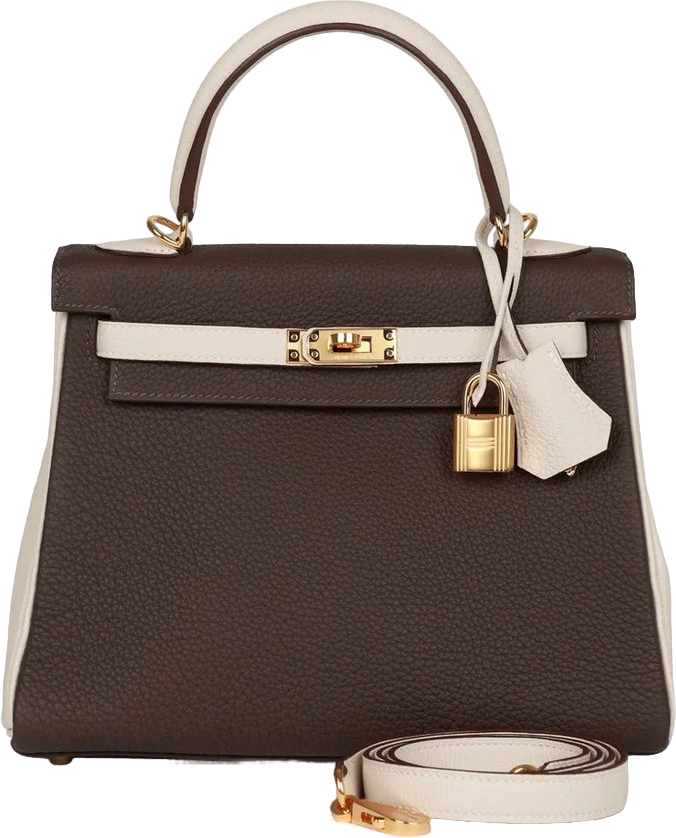 Hermes Special Order (HSS) Kelly Retourne 25 Ebene and Craie Togo Gold Hardware