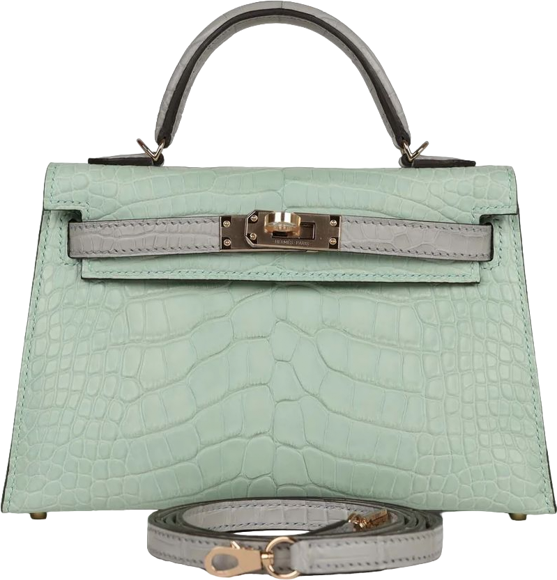 Hermes Special Order (HSS) Kelly Sellier 20 Vert D'Eau and Gris Perle Matte Alligator Permabrass Hardware