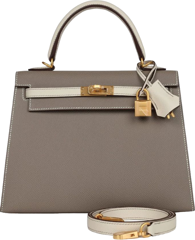 Hermes Special Order (HSS) Kelly Sellier 25 Etoupe and Craie Epsom Brushed Gold Hardware