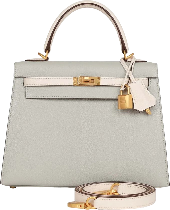 Hermes Special Order (HSS) Kelly Sellier 25 Gris Perle and Nata Chevre Brushed Gold Hardware