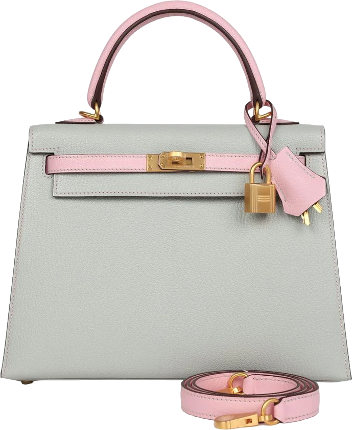 Hermes Special Order (HSS) Kelly Sellier 25 Gris Perle and Rose Sakura Chevre Brushed Gold Hardware