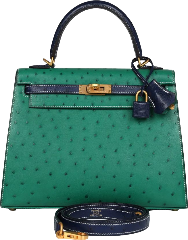 Hermes Special Order (HSS) Kelly Sellier 25 Vert Vertigo and Bleu Iris Ostrich Brushed Gold Hardware
