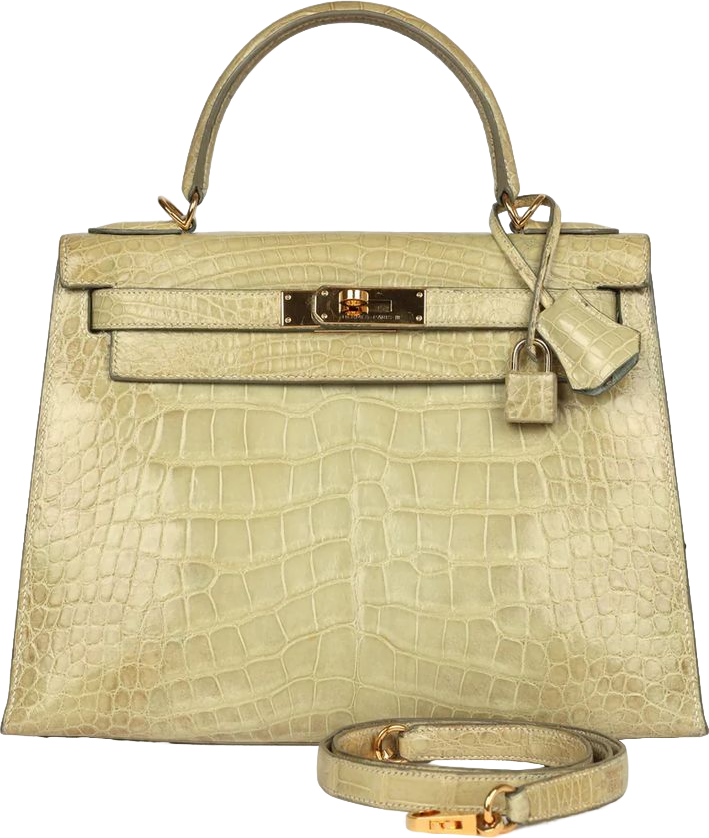 Vintage Hermes Kelly 28 Vert Celadon Natura Shiny Alligator Gold Hardware