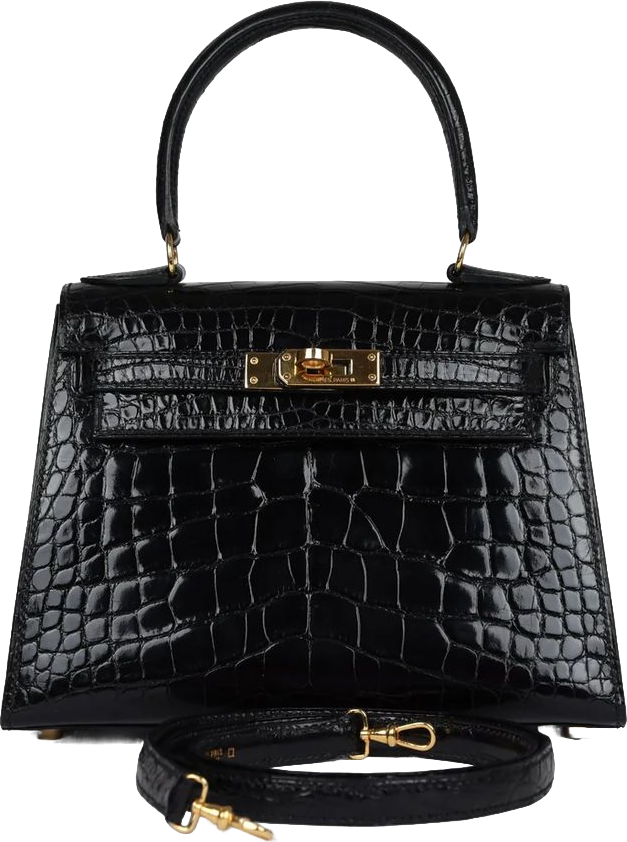 Vintage Hermes Kelly Sellier 20 Black Shiny Alligator Gold Hardware