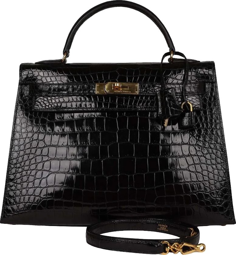 Vintage Hermes Kelly Sellier 32 Black Shiny Niloticus Crocodile Gold Hardware