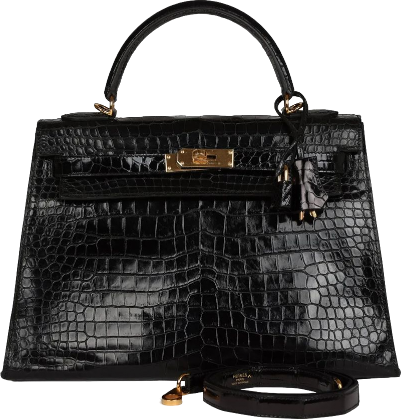 Vintage Hermes Kelly Sellier 32 Black Shiny Porosus Crocodile Gold Hardware